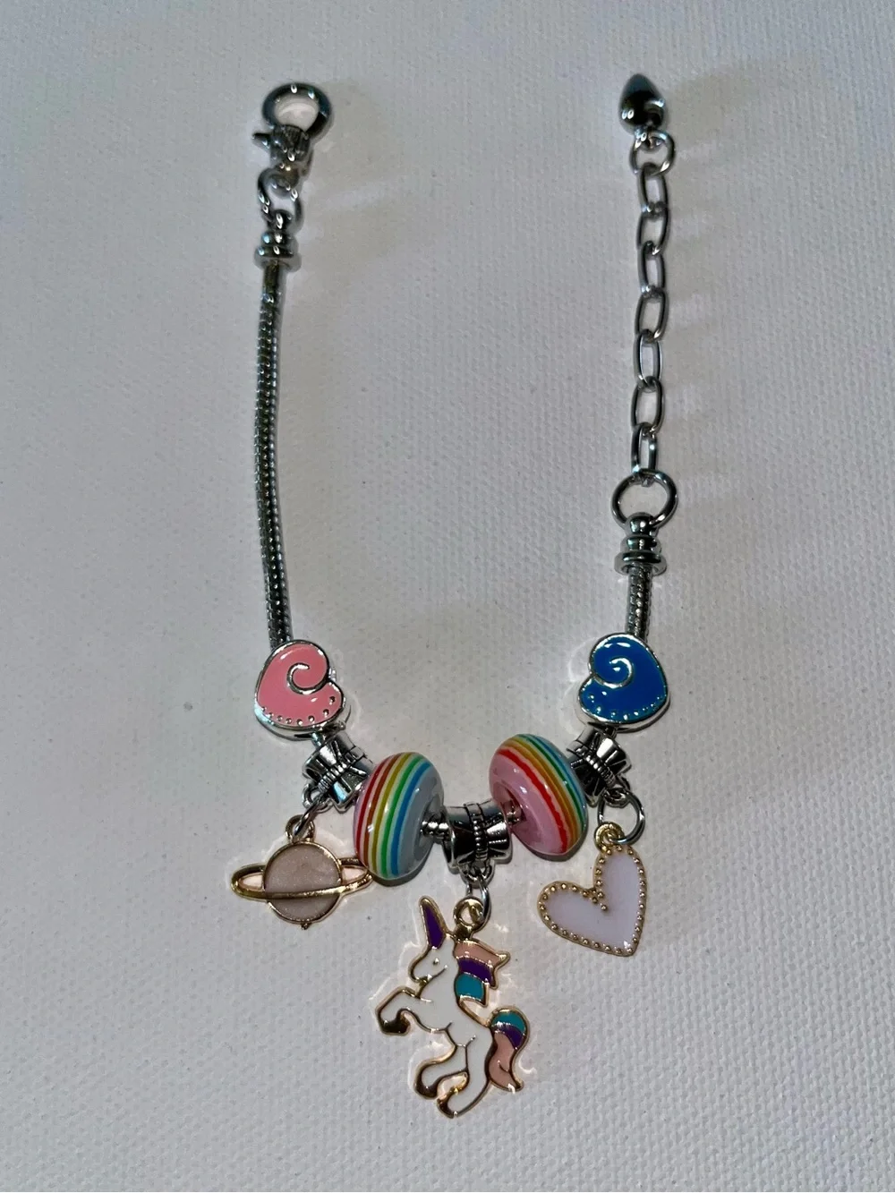 Adjustable Snake Chain Kids Unicorn & Heart charm Bracelet w/Pink & Blue Accents
